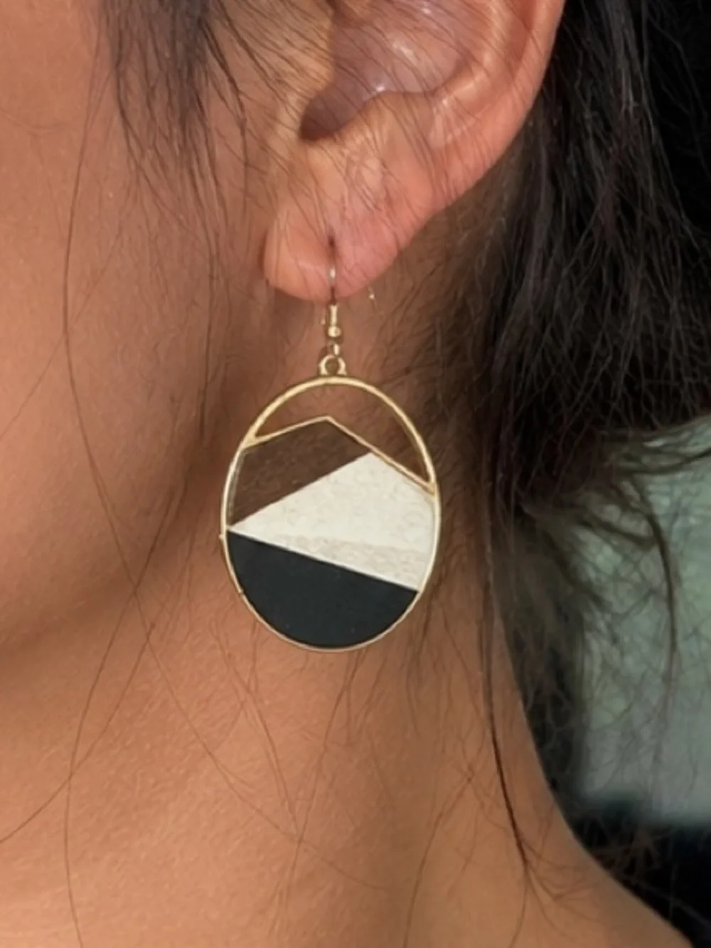 Geometric Gold Drop Wood Earrings with Black and Cream Inlay